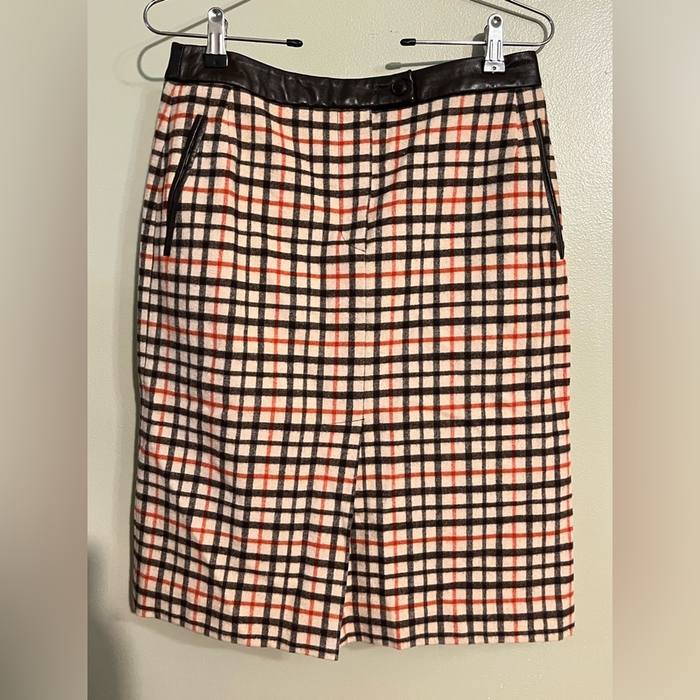 Forte Chocolate Leather Trim Extra Fine Morino Wool Skirt Lined Size 8